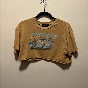 Tan Cropped T-Shirt with Car Graphic